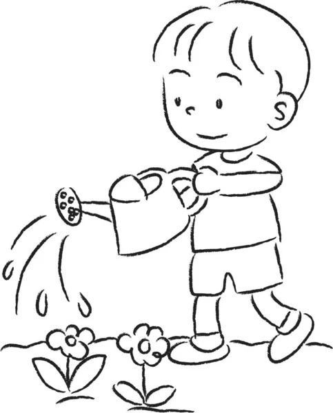 Kreslený Chlapec Zalévání Květiny Zalévání Může Izolované Bílém Pozadí Vektor — Stockový vektor