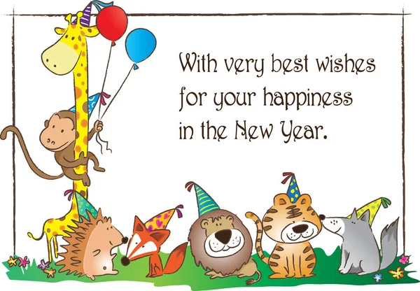 Cartão Saudação Com Animais Desenhos Animados Conceito Feliz Ano Novo —  Vetores de Stock