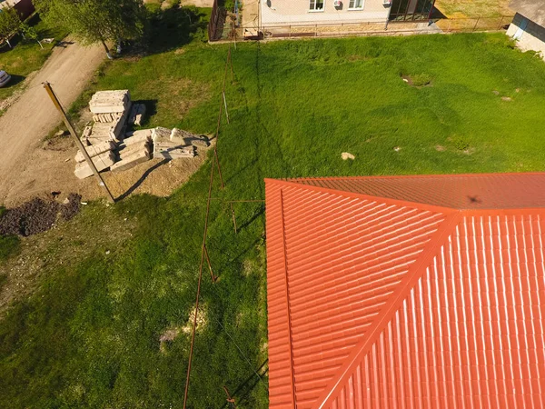 Maison Avec Toit Orange Métal Vue Sur Dessus Profilé Métallique — Photo