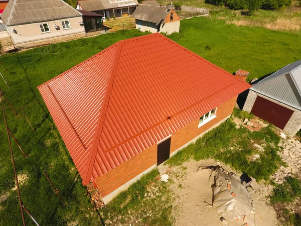 Maison Avec Toit Orange Métal Vue Sur Dessus Profilé Métallique — Photo