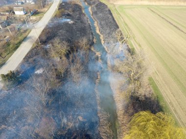 Sulama kanalı kuru ot yakma. Duman ve kuru ot alevi. Yanmış kuru ot