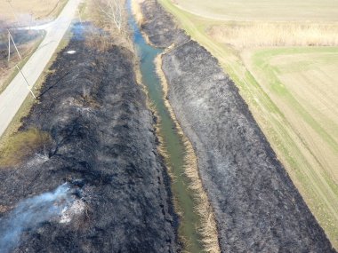 Sulama kanalı kuru ot yakma. Duman ve kuru ot alevi. Yanmış kuru ot