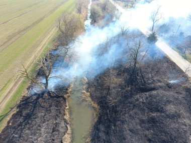 Sulama kanalı kuru ot yakma. Duman ve kuru ot alevi. Yanmış kuru ot