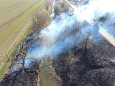 Sulama kanalı kuru ot yakma. Duman ve kuru ot alevi. Yanmış kuru ot