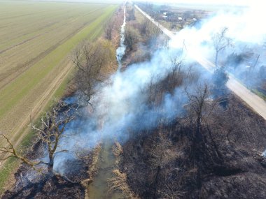 Sulama kanalı kuru ot yakma. Duman ve kuru ot alevi. Yanmış kuru ot