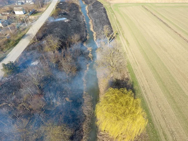 Burning dry grass along the irrigation canal. Smoke and the flame of dry grass. Burnt dry grass