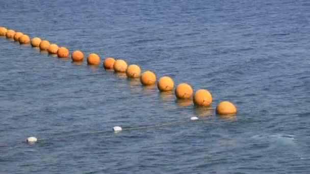 Πορτοκαλί σημαδούρες σε ένα σχοινί στη θάλασσα. Περίφραξη για κολύμπι στη θάλασσα — Αρχείο Βίντεο