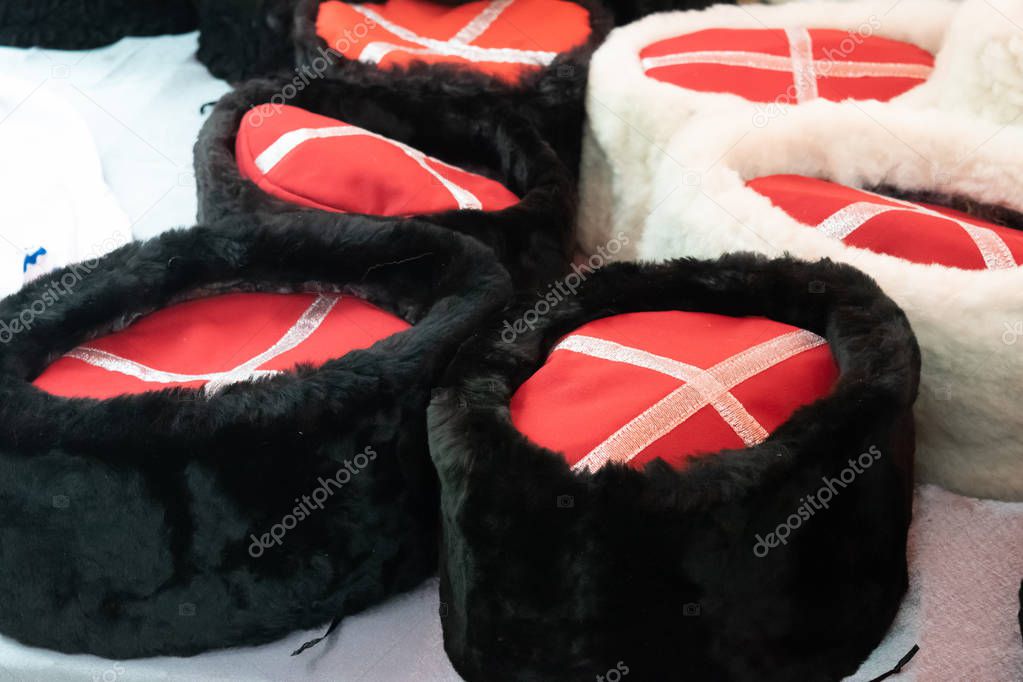 Cossack caps on the counter. Traditional Cossack clothes