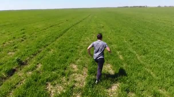 一个人在田野里跑来跑去 在清新的空气中慢跑 — 图库视频影像