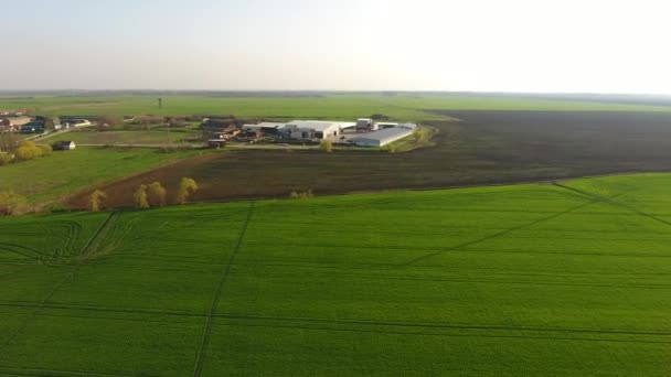 Vista superior del pueblo con casas y hangares para el almacenamiento de grano . — Vídeos de Stock