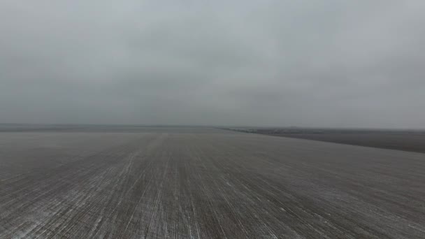 Vista superior de un campo arado en invierno. Un campo de trigo en la nieve — Vídeos de Stock