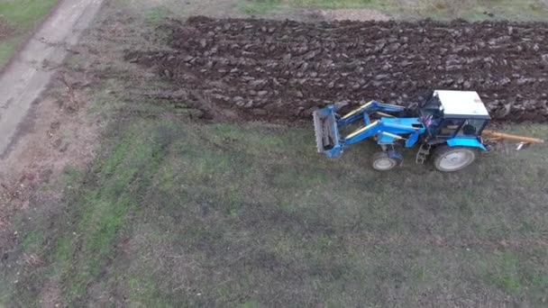 Трактор пашет сад. вспахивая почву в поле — стоковое видео