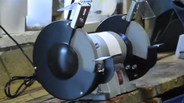 Τροχιστικό Μηχάνημα στο έργο. Ακόνισμα το ακόνισμα σε μια μηχανή λείανσης — Αρχείο Βίντεο