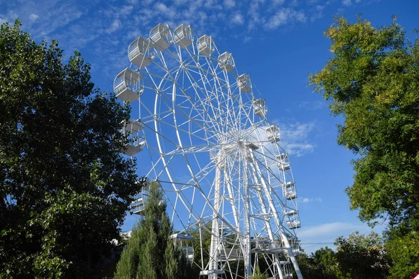 Roda gigante branca contra o céu azul. Roda gigante no parque — Fotografia de Stock