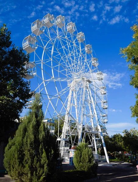 Rueda ferris blanca contra el cielo azul. Rueda de la fortuna en el parque — Foto de Stock