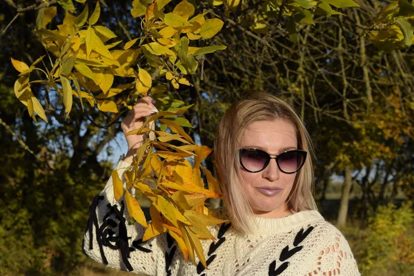 Flicka i solglasögon. Flicka på en bakgrund av gula blad av höstträd. Höst fotosession. — Stockfoto