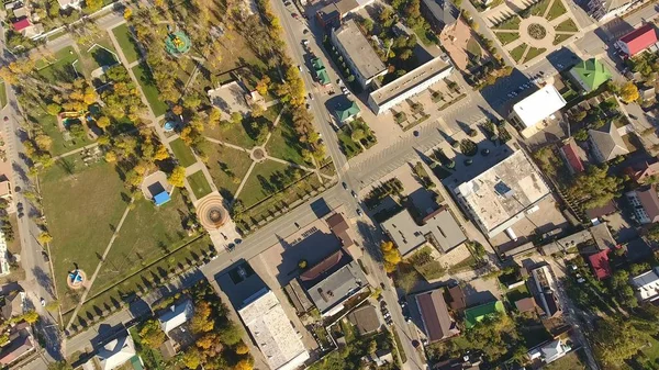 Top view of the village. Central Park and Red Street. The village of Poltavskaya. Top view of the village. One can see the roofs of the houses and gardens. Village bird's-eye view.