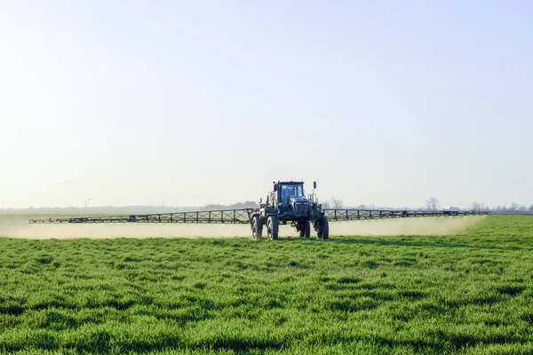 Traktor Vysokými Koly Vyrábí Hnojivo Mladé Pšenici Použití Jemně Rozptýlených — Stock fotografie