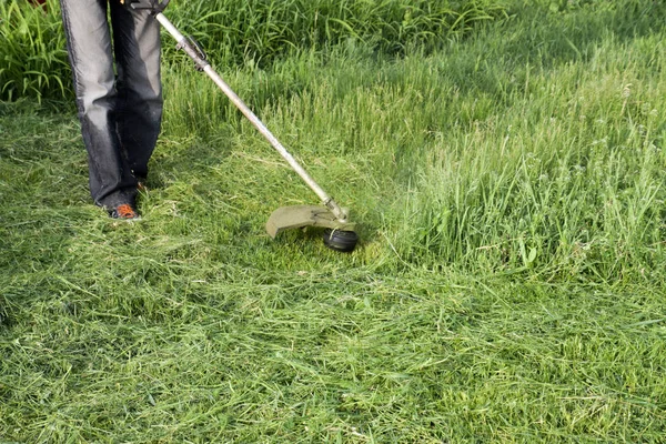 Toepassing grastrimmers. Maaien van gras met behulp van een visserij-lijn-trimmer — Stockfoto