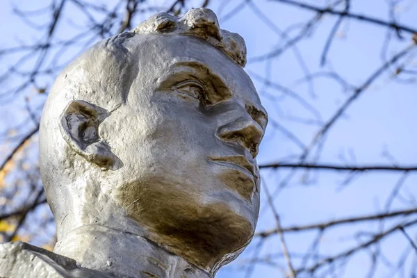 El rostro del hombre de piedra. Concreto busto soldado cubierto con pa —  Fotos de Stock