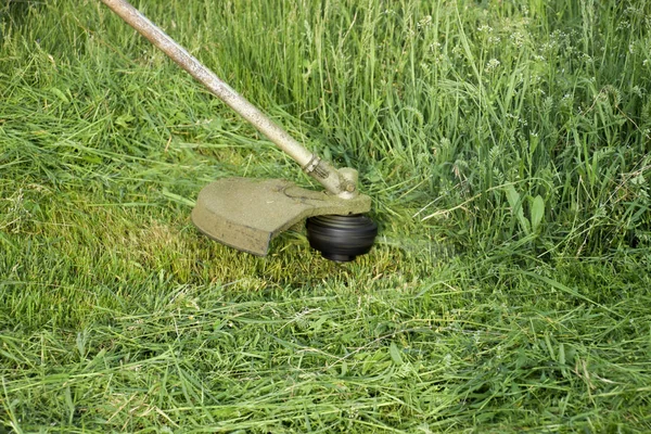 Ansökan trimmare. Slåtter grönt gräs med en fiske linje trimmer — Stockfoto