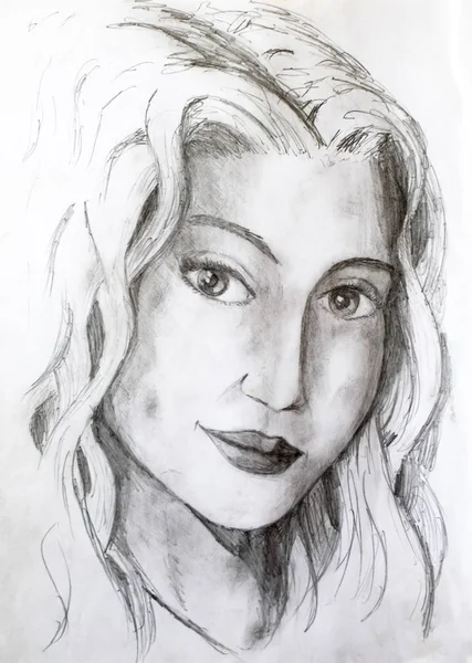 Portrait de fille, dessiné au crayon sur papier d'album blanc — Photo