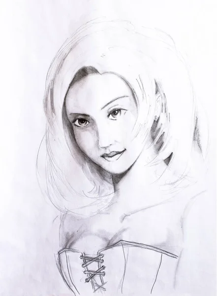 Portrait of a girl, drawn in pencil on white album paper — Stock Photo, Image