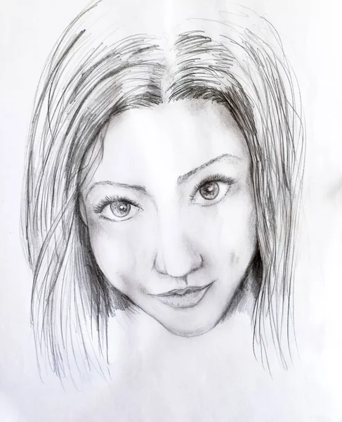 Portrait de fille, dessiné au crayon sur papier d'album blanc — Photo