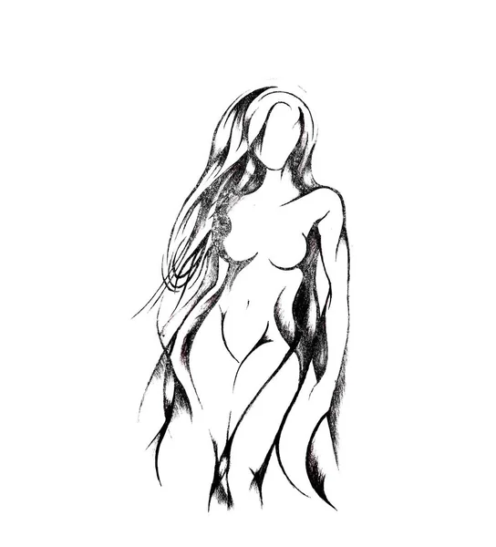 Silhouette d'une belle fille nue aux cheveux longs — Photo