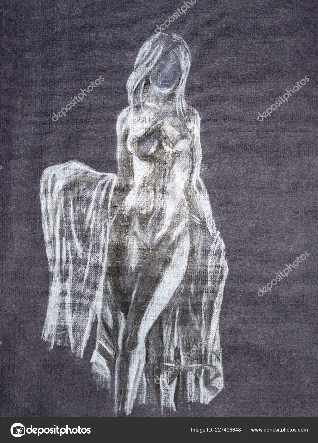 Naked Beautiful Girl Poured By A White Pencil On Black Paper