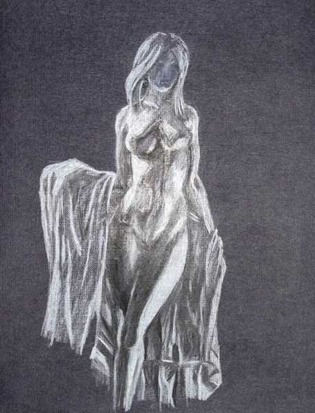 Naked beautiful girl poured by a white pencil on black paper — Stock Photo, Image