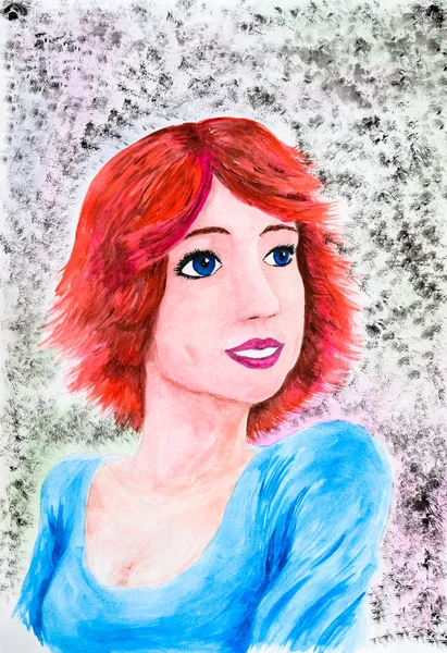 一个红头发的女孩的肖像画水彩画和铅笔. — 图库照片