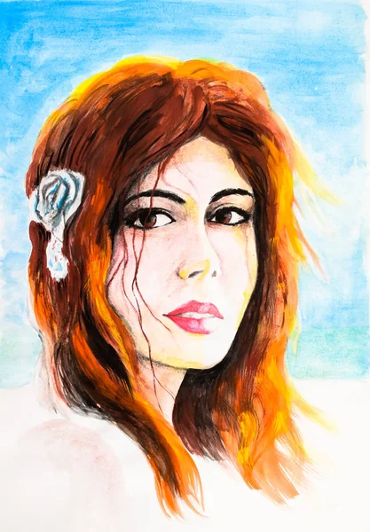 Egy vörös hajú lány, akvarell, ceruza festett portréja. — Stock Fotó