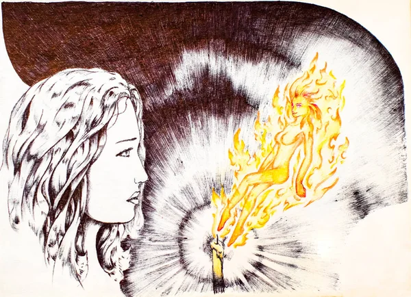 A rapariga da vela com um duende de fogo. Pintura caneta esferográfica — Fotografia de Stock