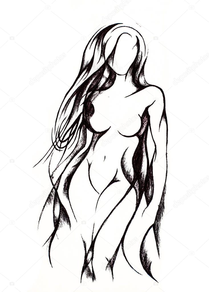 Silhouette of a beautiful naked girl with long hair, wide hips
