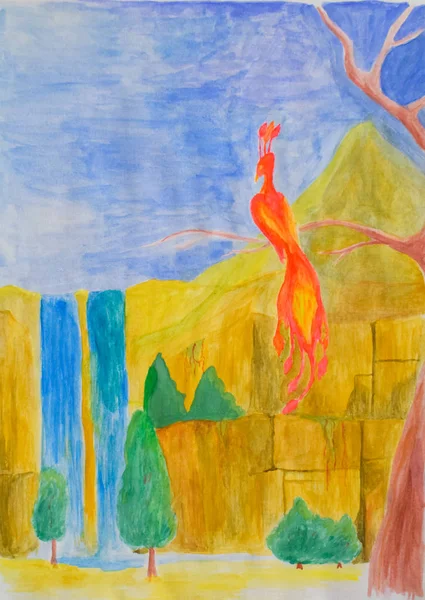 Uccello di fuoco su un ramo d'albero in mezzo al paesaggio. Disegno acquerello . — Foto Stock