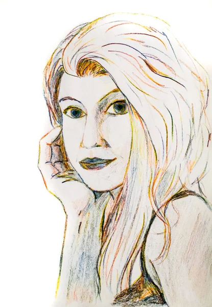 一个金发碧眼的女人画彩色铅笔的肖像, 靠在她的手掌上. — 图库照片