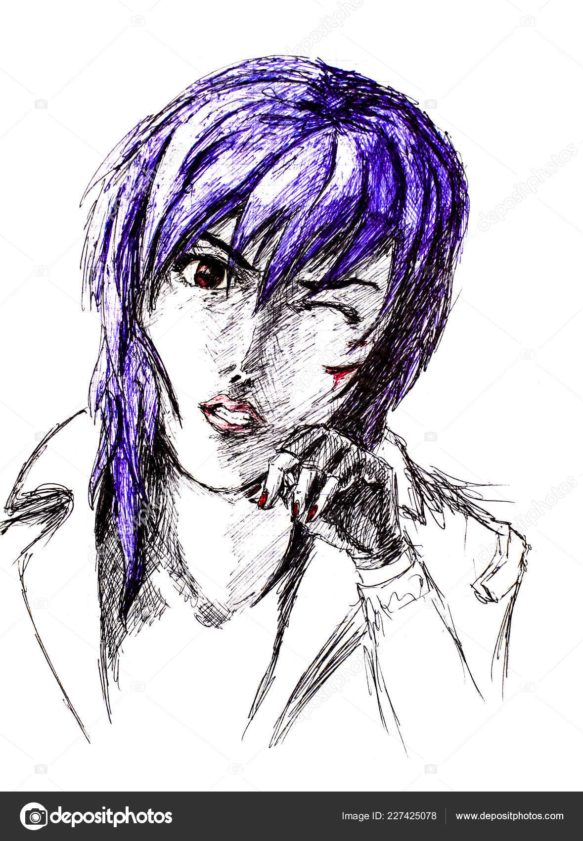Figure Ballpoint Pen Emo Goth With A Scratched Face Nasty Anime