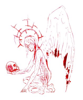 Kırmızı tükenmez kalem çizim. Bir kadın melek bir kafatası aldı ve ona üzüntü ile baktı