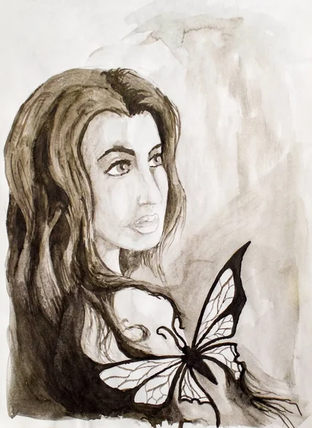 一个来自高加索的黑发女人的肖像, 肩膀上有一只蝴蝶。绘制水彩画 — 图库照片