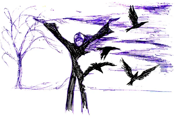 Espantapájaros Jardín Cuervos Volando Sobre Figura Bolígrafo —  Fotos de Stock