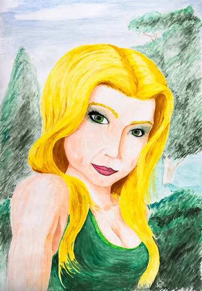 Portrait d'une fille blonde en robe verte. Dessin au crayon . — Photo