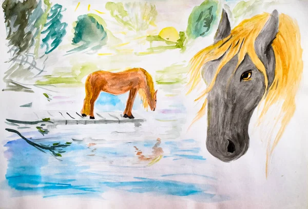 Horses at the watering, drawing watercolor. Drawing horses.