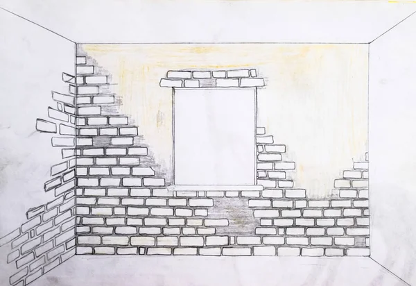 Wall of bricks and a window. Drawing with a pencil. — Stock Photo, Image