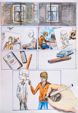 Komik bir umorik ile çizim, sanatçının kendisi karakteri ile ilişkilidir.