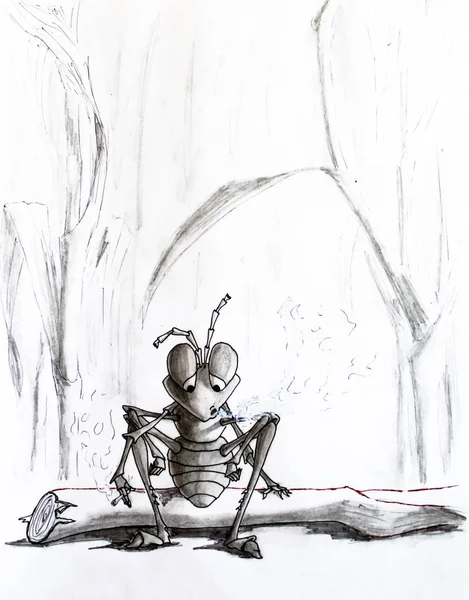 Desenho a lápis. Uma formiga cansada sentou-se em um tronco e fuma. Vida sem sentido . — Fotografia de Stock