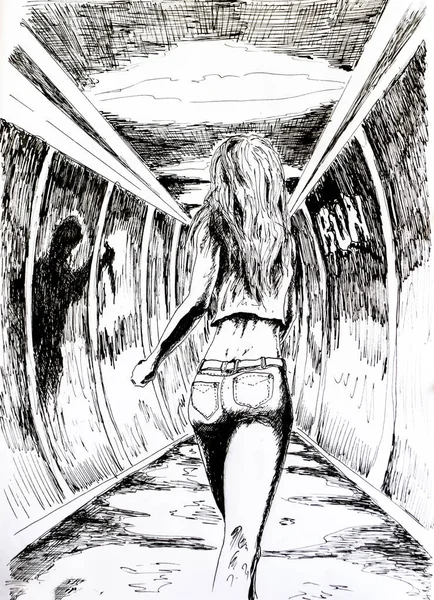 图黑色凝胶笔, 一个女孩穿着短裤和一个话题通过隧道。一个美丽的女孩的后方看法 — 图库照片