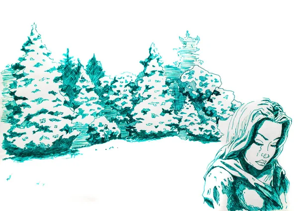 Kobieta z smutek i łzy przechodzi obok las jodłowy. Zielony Rysunek odręczny. — Zdjęcie stockowe