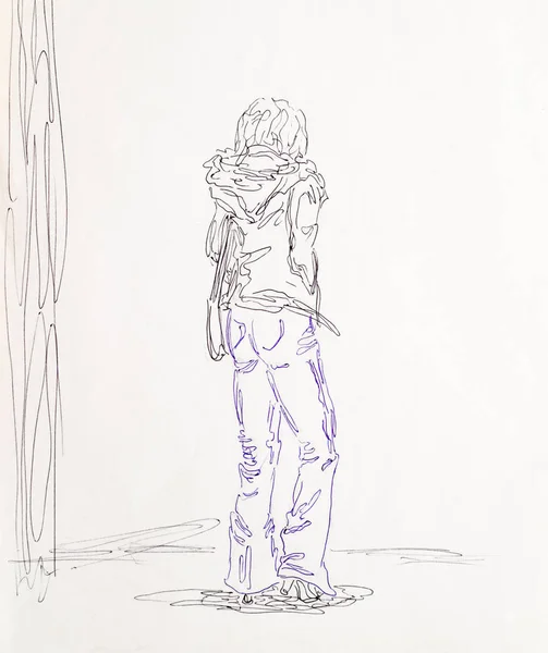 Σχήμα στυλό, μια γυναίκα σε τακούνια με τζιν και ένα μπουφάν στέκεται με την πλάτη μας. — Φωτογραφία Αρχείου