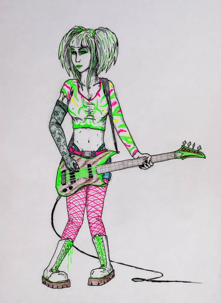 Metalist Charków dziewczyna rocker grając na gitarze elektrycznej. Ołówek i Rysunek odręczny. Punk to dziewczynka fan rocka — Zdjęcie stockowe